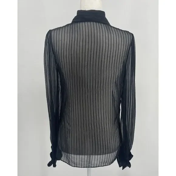 Ralph Lauren Collection Silk Sheer Ruffle Long Sleeve Blouse Collared Black Top - Picture 6 of 12